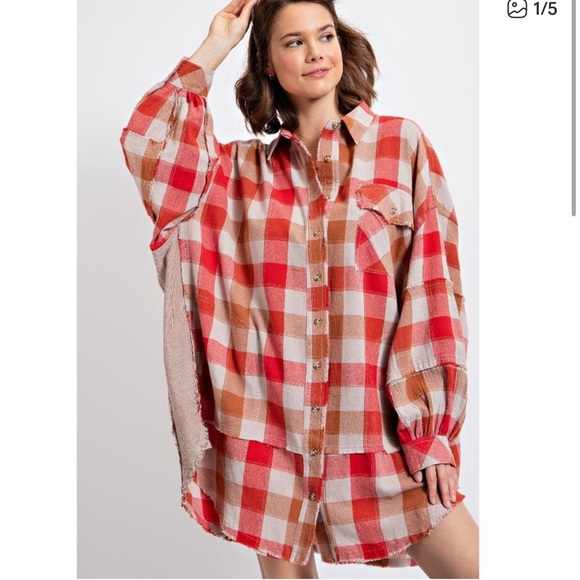 Red and Tan Plaid Button Down oversized shirt - Picture 1 of 12